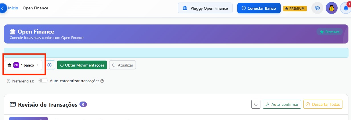 Tela do Open Finance no MoneyGenie com 1 banco conectado