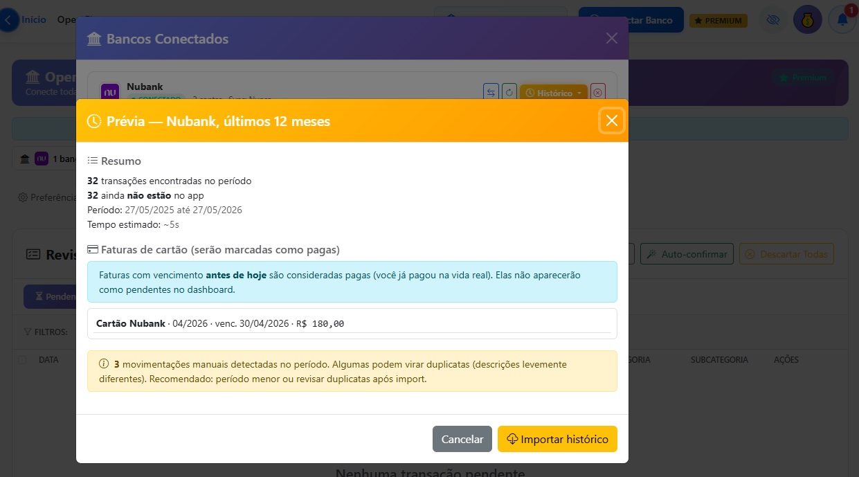 Modal de prévia da importação de 12 meses do Nubank mostrando 32 transações, 1 fatura a ser marcada como paga e aviso de 3 movs manuais sobrepostas