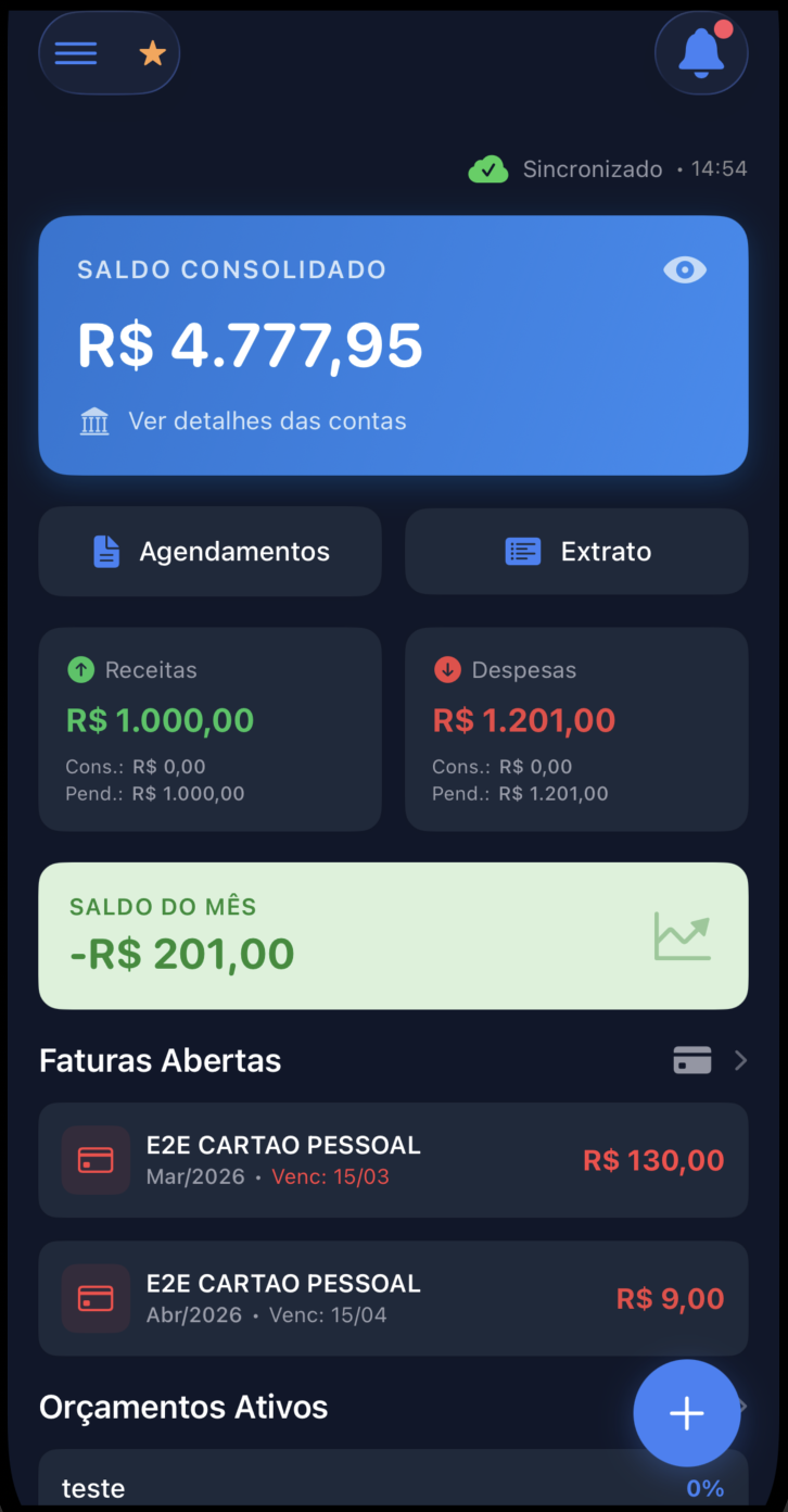 Dashboard MoneyGenie - Saldo consolidado, receitas, despesas e gráficos