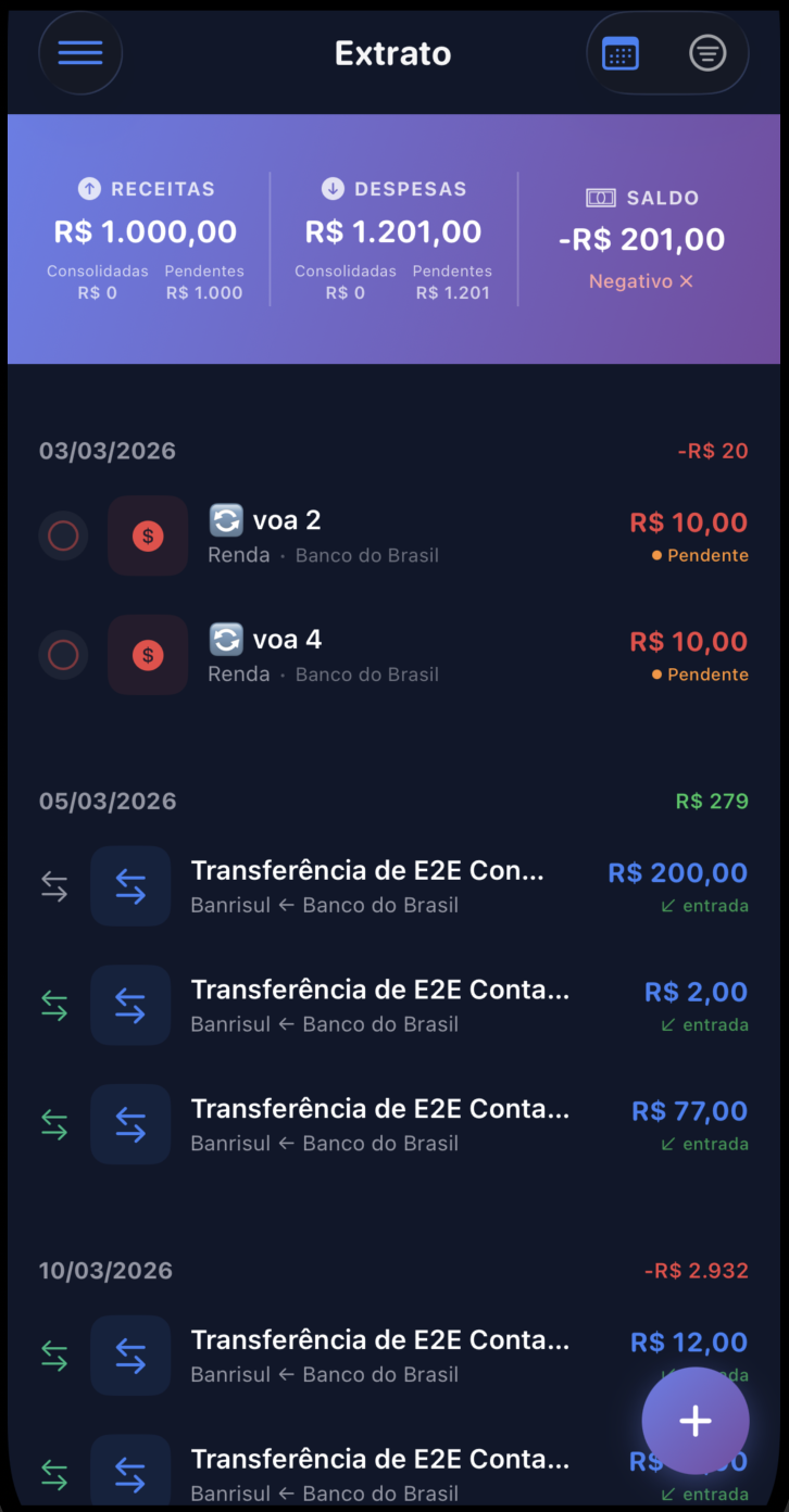 Extrato de transações MoneyGenie - Receitas e despesas categorizadas