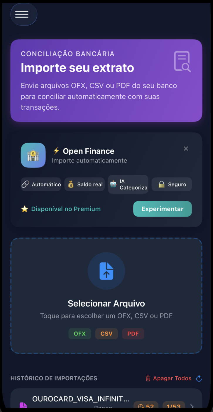 Importação de extratos OFX CSV PDF no MoneyGenie