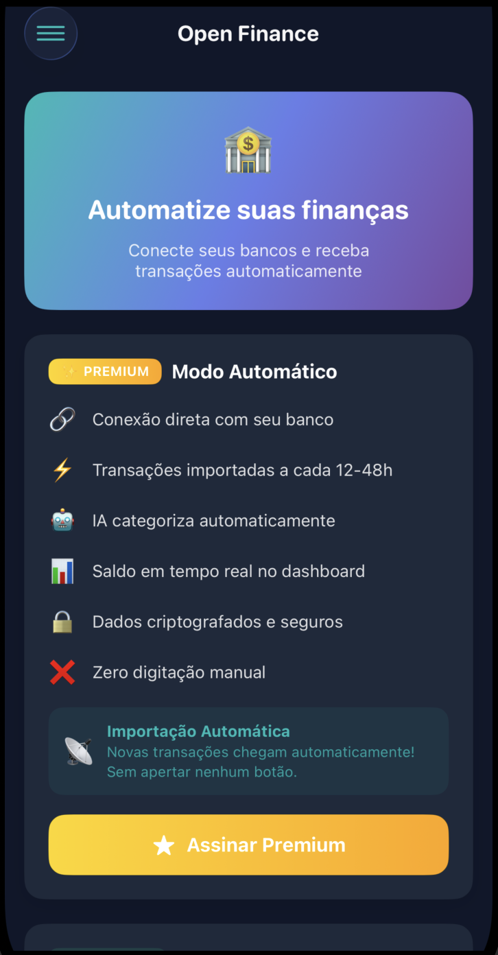 Open Finance MoneyGenie - Conexão automática com bancos