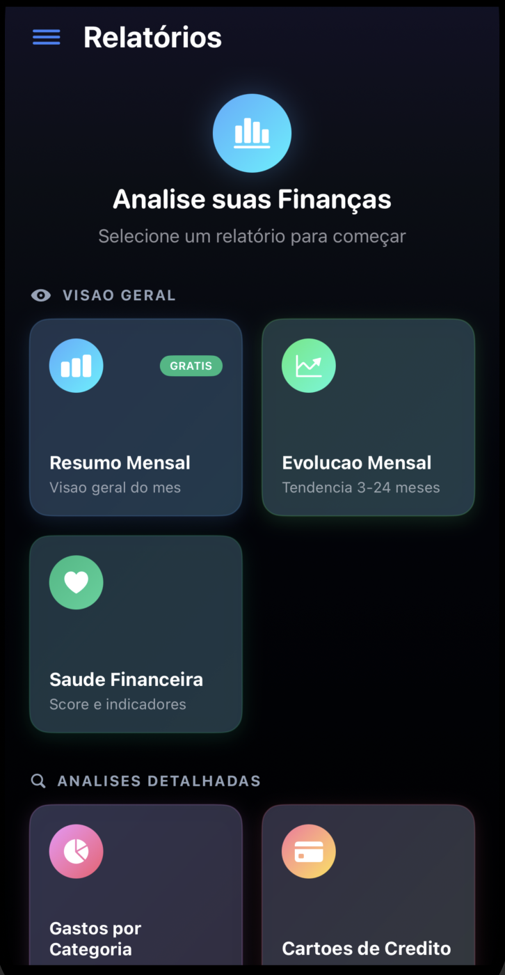 Relatórios financeiros MoneyGenie - Resumo mensal, evolução e saúde financeira