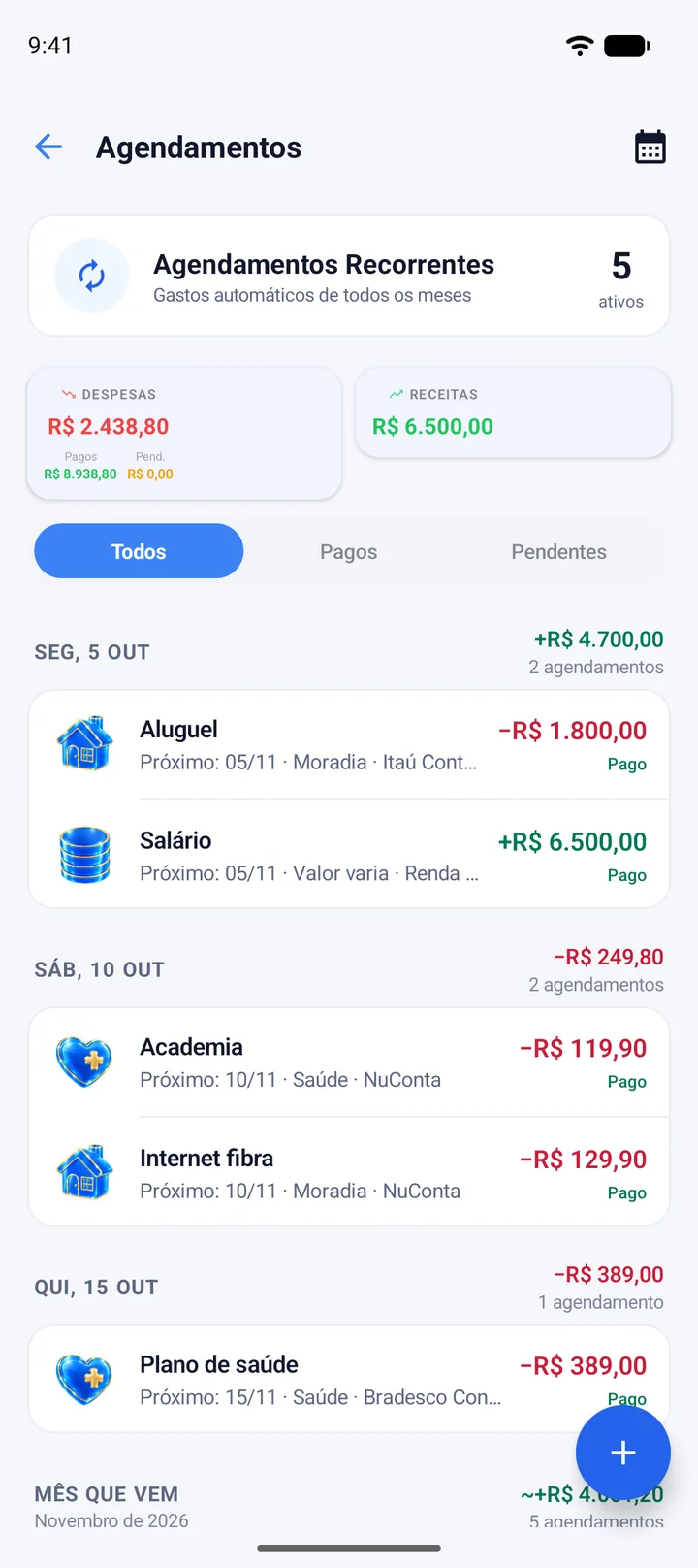 Tela de Agendamentos no Android: contas agrupadas por dia, cada uma com Próximo: e a data do mês seguinte, o Salário com Valor varia e a situação Pago.