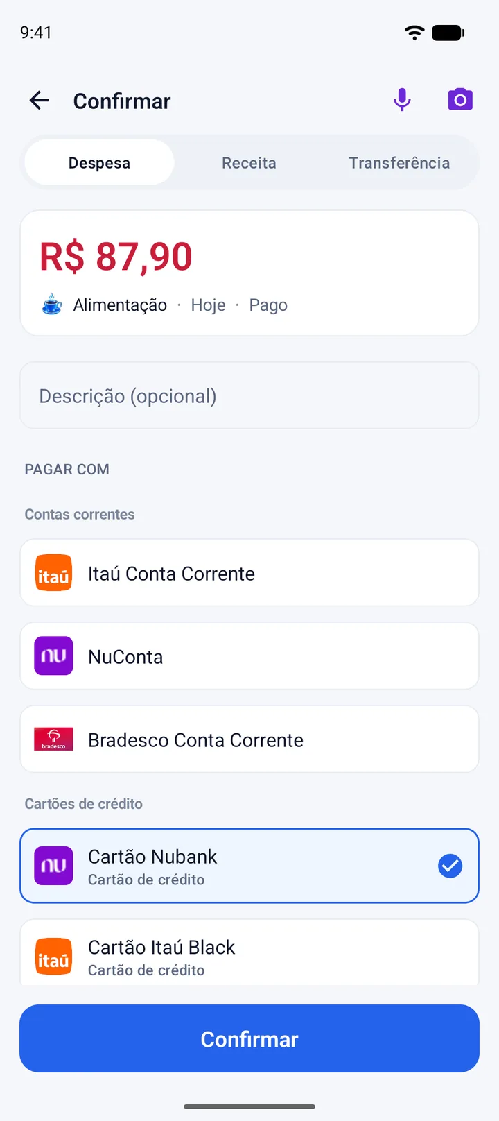 Último passo do Lançar no Android: despesa de R$ 87,90 em Alimentação e a lista Pagar com, separada em Contas correntes (Itaú, NuConta, Bradesco) e Cartões de crédito (Cartão Nubank selecionado e Cartão Itaú Black), cada uma com o logo do banco.