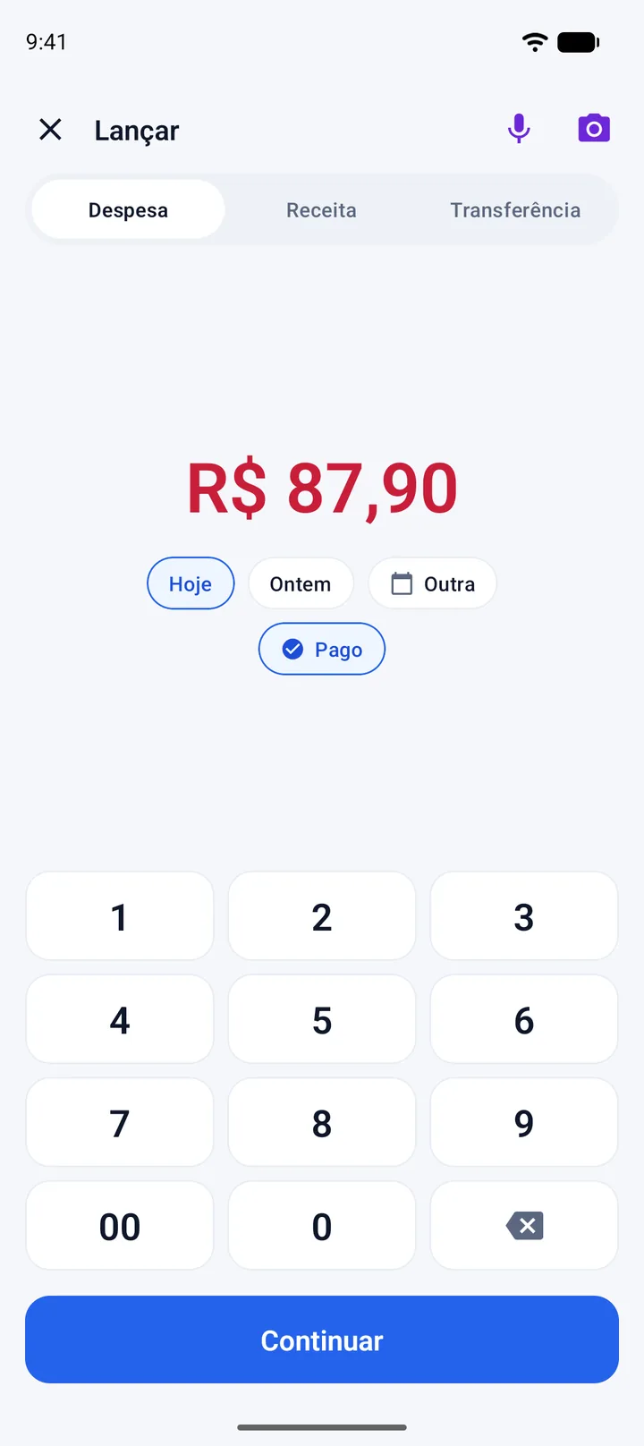 Tela Lançar no Android: valor de R$ 87,90 digitado no teclado grande, opções Hoje, Ontem e Outra, marcador Pago e botão Continuar.