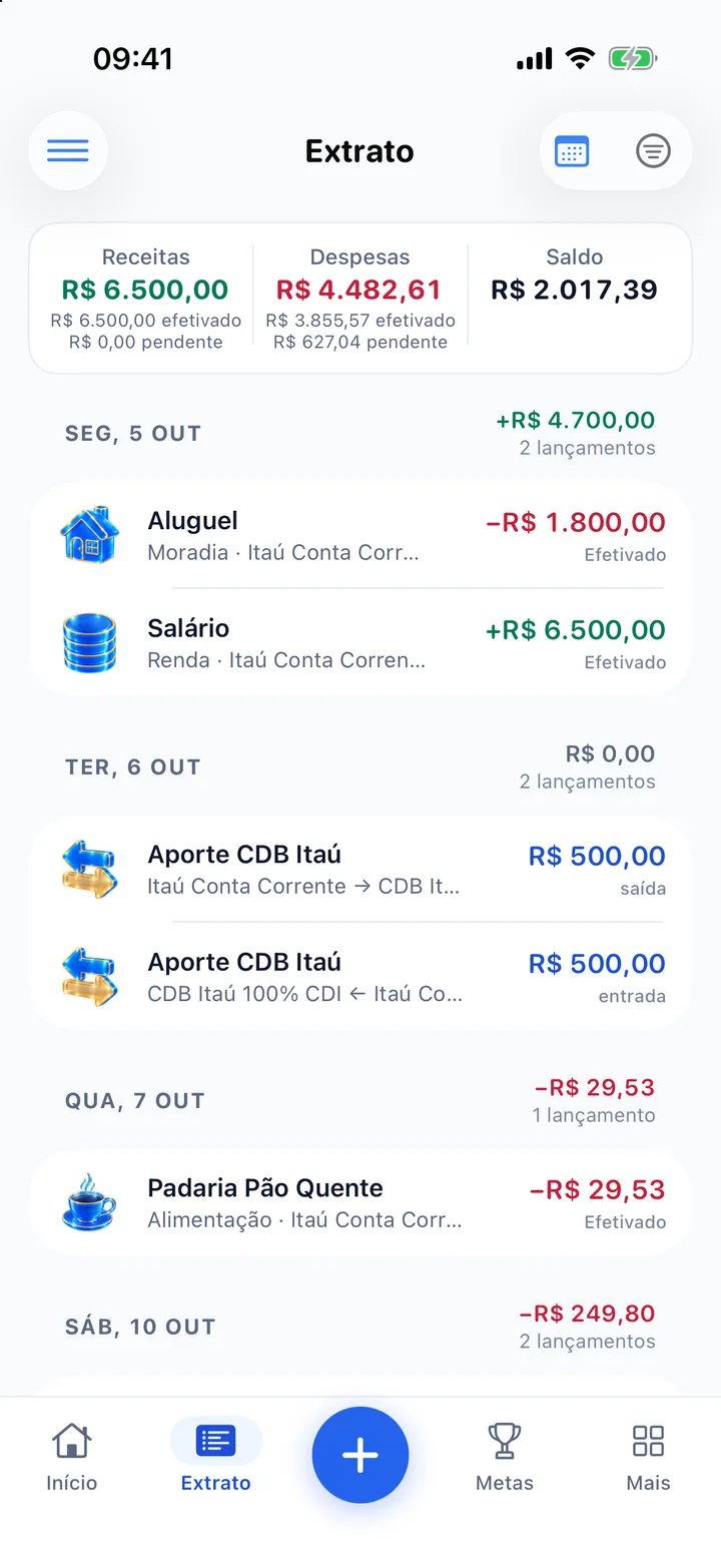 Extrato no iPhone: resumo com receitas de R$ 6.500,00, despesas de R$ 4.482,61 e saldo de R$ 2.017,39, seguido dos lançamentos agrupados por dia, como Aluguel e Salário em 5 de outubro e Aporte CDB Itaú em 6 de outubro.